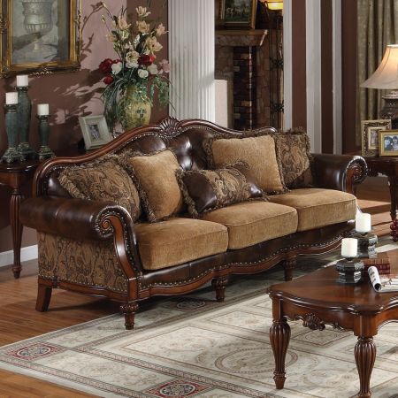 ACME Dreena Sofa W/5 Pillows Two Tone Brown Synthetic Leather & Chenille Cherry Finish