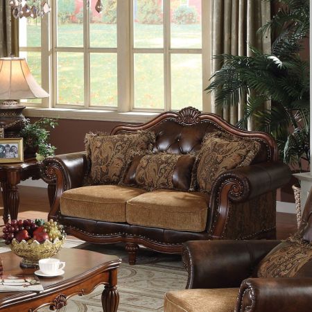 ACME Dreena Loveseat W/3 Pillows Two Tone Brown Synthetic Leather & Chenille Cherry Finish