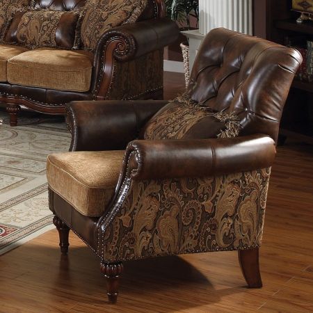 ACME Dreena Chair W/Pillow Two Tone Brown Synthetic Leather & Chenille Cherry Finish