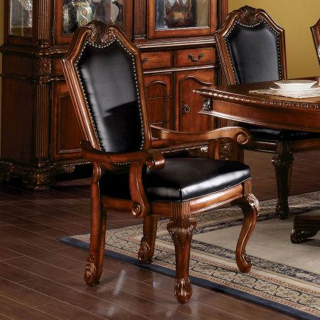 ACME Chateau De Ville Arm Chair (Set-2) Black Synthetic Leather & Cherry Finish