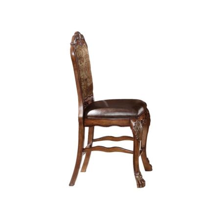 ACME Dresden Counter Height Chair (Set-2) Vintage Synthetic Leather Seat & Floral Fabric Back & Cherry Oak Finish