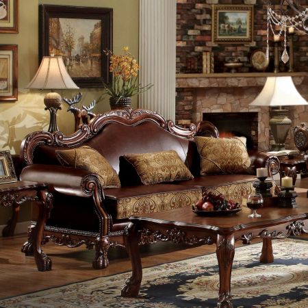 ACME Dresden Sofa W/3 Pillows Brown Synthetic Leather & Chenille Cherry Oak Finish