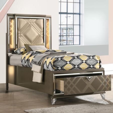 ACME Skylar Full Bed W/Led & Storage Synthetic Leather & Dark Champagne Finish