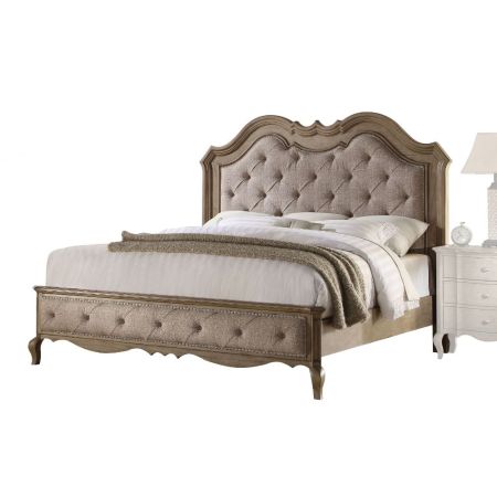 ACME Chelmsford EK Bed Beige Fabric & Antique Taupe Finish