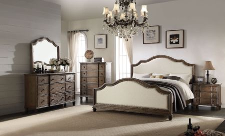 ACME Baudouin Queen Bed Beige Linen & Weathered Oak Finish