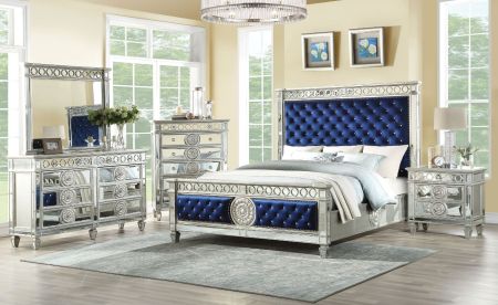 ACME Varian Queen Bed Blue Velvet & Mirrored