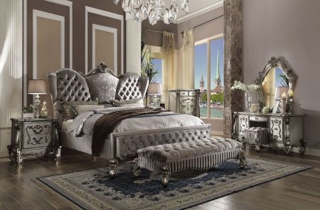 ACME Versailles Queen Bed Velvet & Antique Platinum Finish