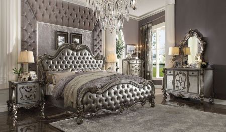 ACME Versailles II Queen Bed Silver Synthetic Leather & Antique Platinum Finish