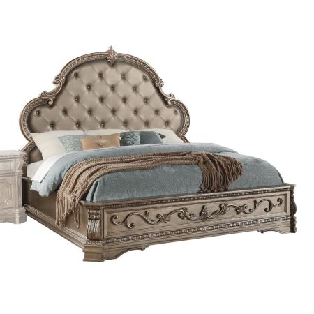 ACME Northville Queen Bed Synthetic Leather & Antique Silver Finish