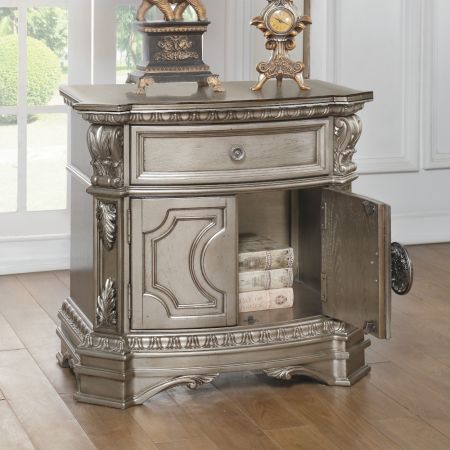 ACME Northville Nightstand W/Wooden Top Antique Silver Finish