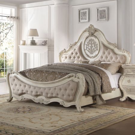 ACME Ragenardus CK Bed Beige Linen & Antique White Finish