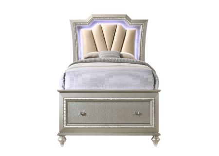 ACME Kaitlyn Full Bed W/Led & Storage Synthetic Leather & Champagne Finish