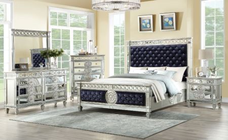 ACME Varian Queen Bed Dark Navy Blue Velvet & Mirrored