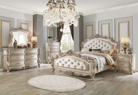 ACME Gorsedd Queen Bed Fabric & Golden Ivory Finish