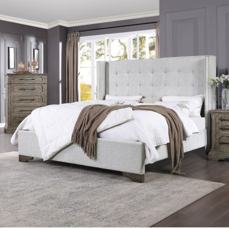 ACME Artesia Queen Bed Tan Fabric & Salvaged Natural Finish