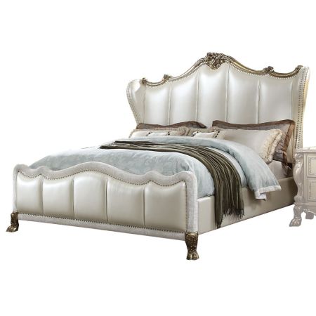 ACME Dresden II CK Bed Pearl White Synthetic Leather & Gold Patina Finish