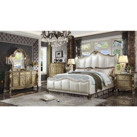 ACME Dresden II Queen Bed Pearl White Synthetic Leather & Gold Patina Finish