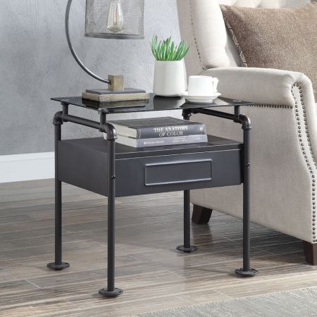 ACME Nicipolis Nightstand Glass & Sandy Gray Finish