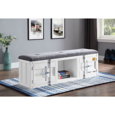 ACME Cargo Bench W/Storage Gray Fabric & White Finish