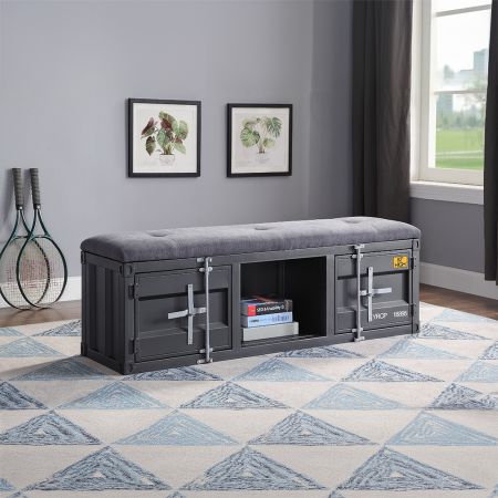 ACME Cargo Bench W/Storage Gray Fabric & Gunmetal Finish