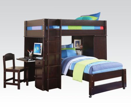 ACME Lars Twin/Twin Loft Bed W/Wardrobe & Desk & Chair Wenge Finish