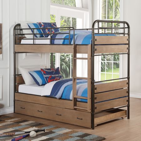 ACME Adams Twin/Twin Bunk Bed W/Trundle Antique Oak & Gunmetal Finish