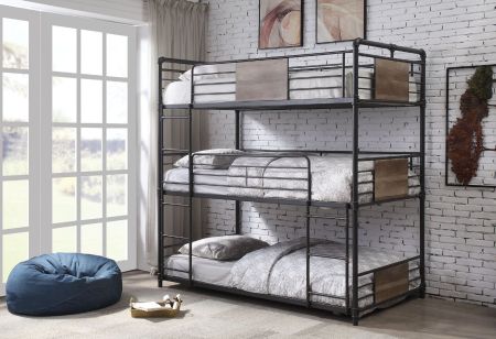 ACME Brantley Triple Twin Bunk Bed Sandy Black & Dark Bronze Hand-Brushed Finish