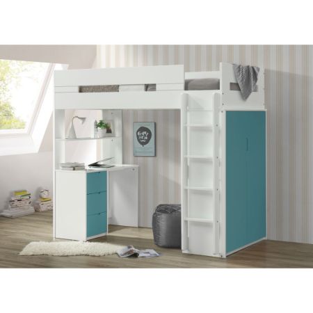 ACME Nerice Twin Loft Bed W/Desk & Wardrobe White & Teal Finish