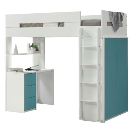 ACME Nerice Twin Loft Bed W/Desk & Wardrobe White & Teal Finish