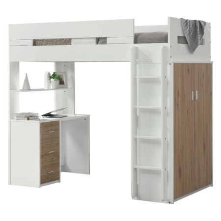 ACME Nerice Twin Loft Bed W/Desk & Wardrobe White & Oak Finish