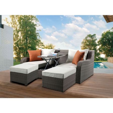 ACME Salena Patio Sofa W/2 Pillows & 2 Ottomans Beige Fabric & Gray Wicker