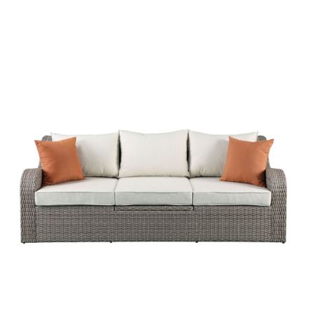 ACME Salena Patio Sofa W/2 Pillows & 2 Ottomans Beige Fabric & Gray Wicker