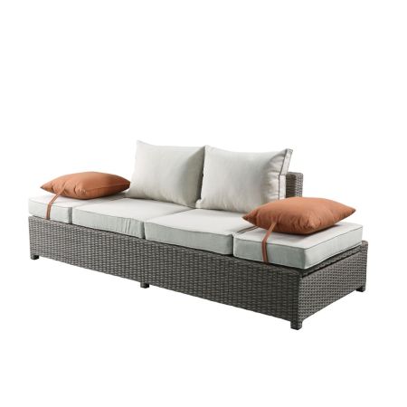 ACME Salena Patio Sofa W/2 Pillows & Ottoman Beige Fabric & Gray Wicker