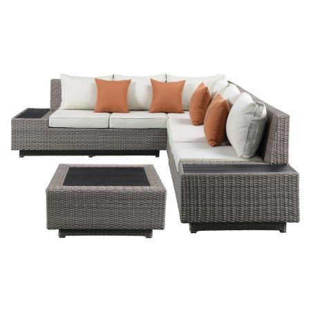 ACME Salena Patio Sectional Sofa W/4 Pillows & Coffee Table Beige Fabric & Gray Wicker