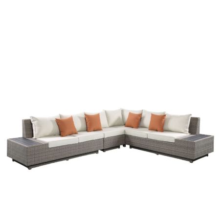 ACME Salena Patio Sectional Sofa W/4 Pillows & Coffee Table Beige Fabric & Gray Wicker