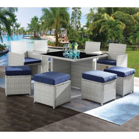 ACME Paitalyi 9PC Bistro Set Blue Fabric & Wicker