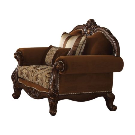 ACME Jardena Chair W/2 Pillows(Same Lv01593) Pattern Fabric & Cherry Oak Finish