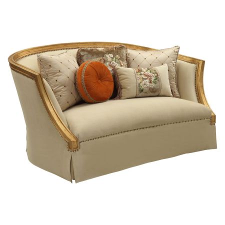 ACME Daesha Loveseat W/5 Pillows Tan Flannel & Antique Gold Finish