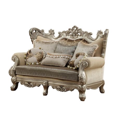 ACME Ranita Loveseat W/6 Pillows Fabric & Champagne Finish