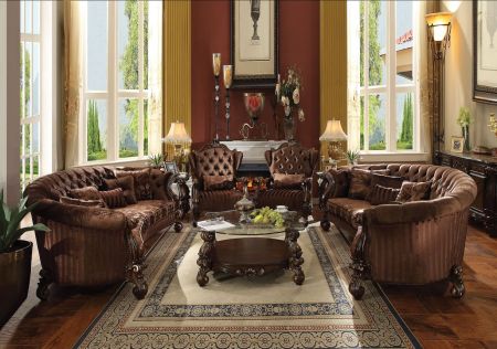 ACME Versailles Sofa W/5 Pillows Brown Velvet & Cherry Oak Finish