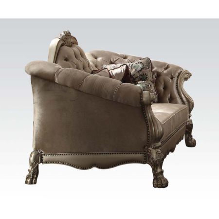 ACME Dresden Loveseat W/5 Pillows Bone Velvet & Gold Patina Finish