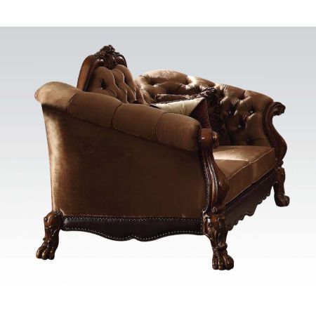 ACME Dresden Loveseat W/5 Pillows Golden Brown Velvet & Cherry Oak Finish