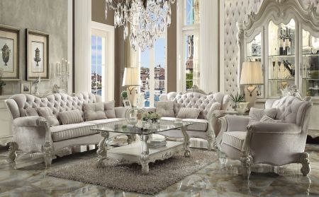 ACME Versailles Sofa W/5 Pillows Ivory Fabric & Bone White Finish