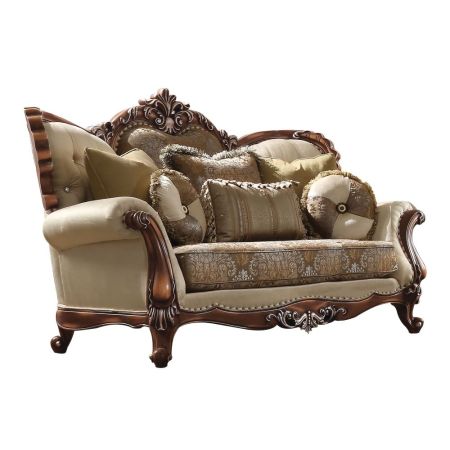 ACME Latisha Loveseat W/6 Pillows(Same Lv01577) Tan Pattern Fabric & Antique Oak Finish