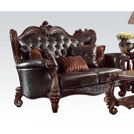 ACME Versailles Loveseat W/5 Pillows Two Tone Dark Brown Synthetic Leather & Cherry Oak Finish