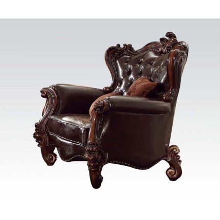 ACME Versailles Chair W/2 Pillows Two Tone Dark Brown Synthetic Leather & Cherry Oak Finish