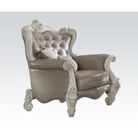 ACME Versailles Chair W/2 Pillows Vintage Gray Synthetic Leather & Bone White Finish