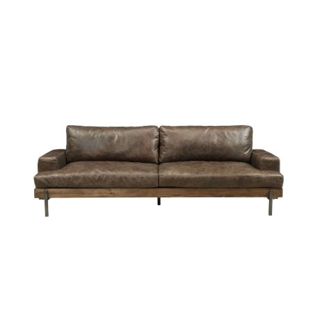 ACME Silchester Sofa Distress Chocolate Top Grain Leather & Oak Finish