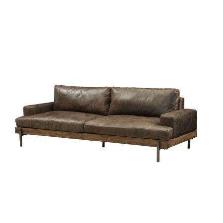 ACME Silchester Sofa Distress Chocolate Top Grain Leather & Oak Finish