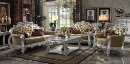 ACME Vendome Sofa W/4 Pillows Bone Synthetic Leather & Silver Patina Finish